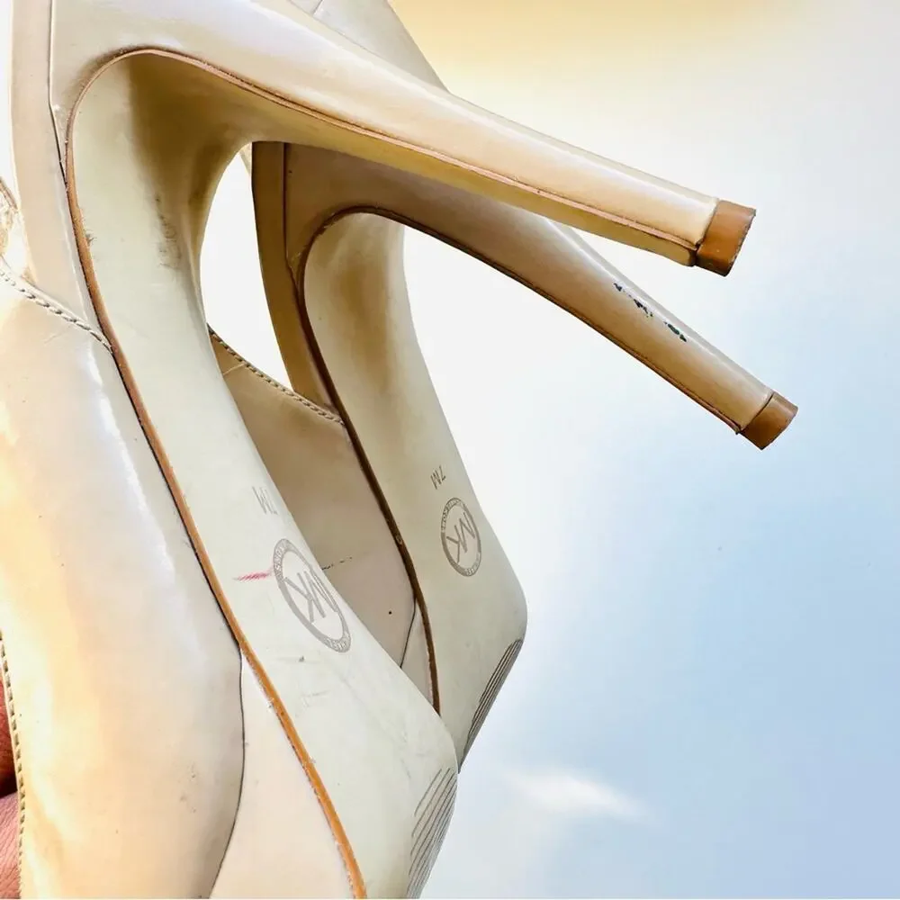 MICHAEL KORS Nude Beige Tan Leather Peep Toe Slingback 5” Heel Pumps Shoes 7 - Picture 11 of 16